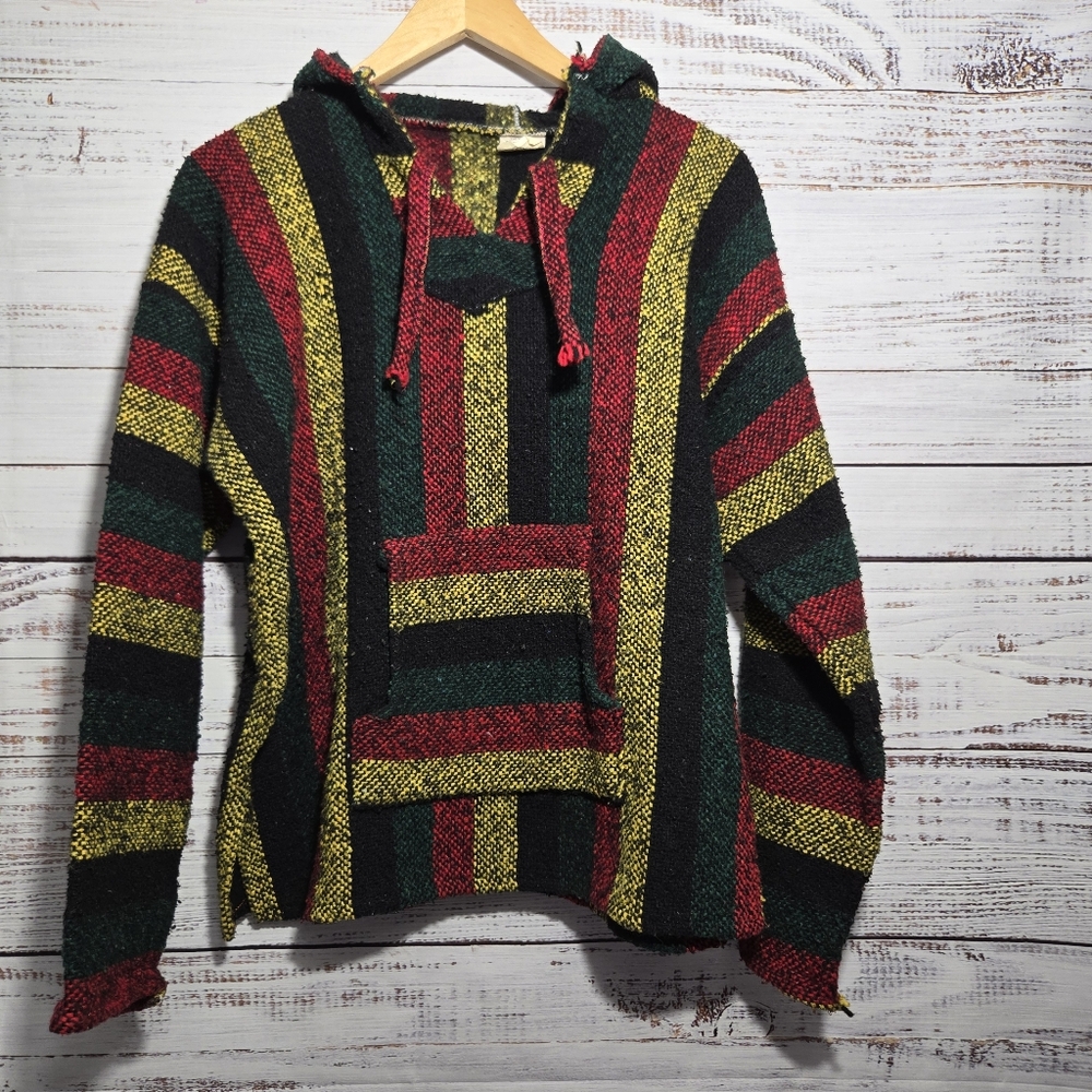 Vtg Vel-Mex Mexican Baja hoodie Poncho Boho Rasta stripe Drug Rug Surfer Skater